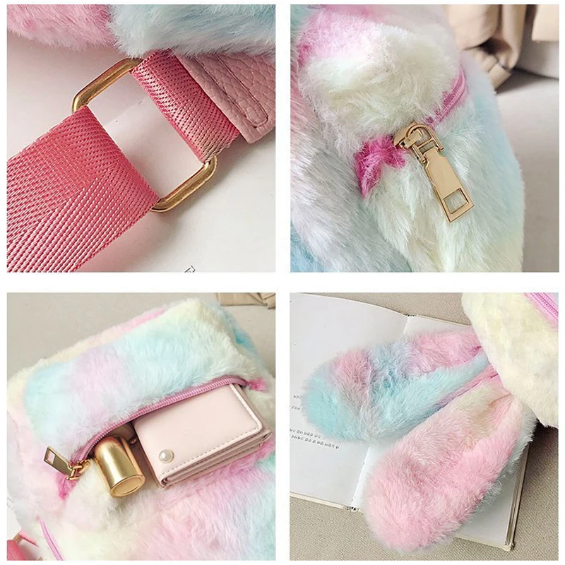 Rabbit Ears Tie Dye Plush Backpack For Women Faux Fur Shoulders Bag Cute Furry Mini Backpacks Girl Fluffy Bag 2021 Winter New