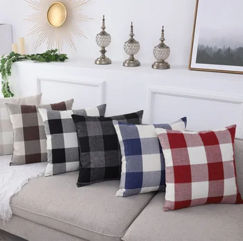 

New Linen Solid Color Plaid Pillowcase Sofa Cushion Cover Lumbar Pillow Case Modern Home Double-sided Printing Linen Checkered