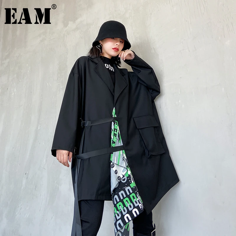 

[EAM] Loose Fit Black Pattern Printed Split Big Size Jacket New Lapel Long Sleeve Women Coat Fashion Tide Spring 2020 1R793