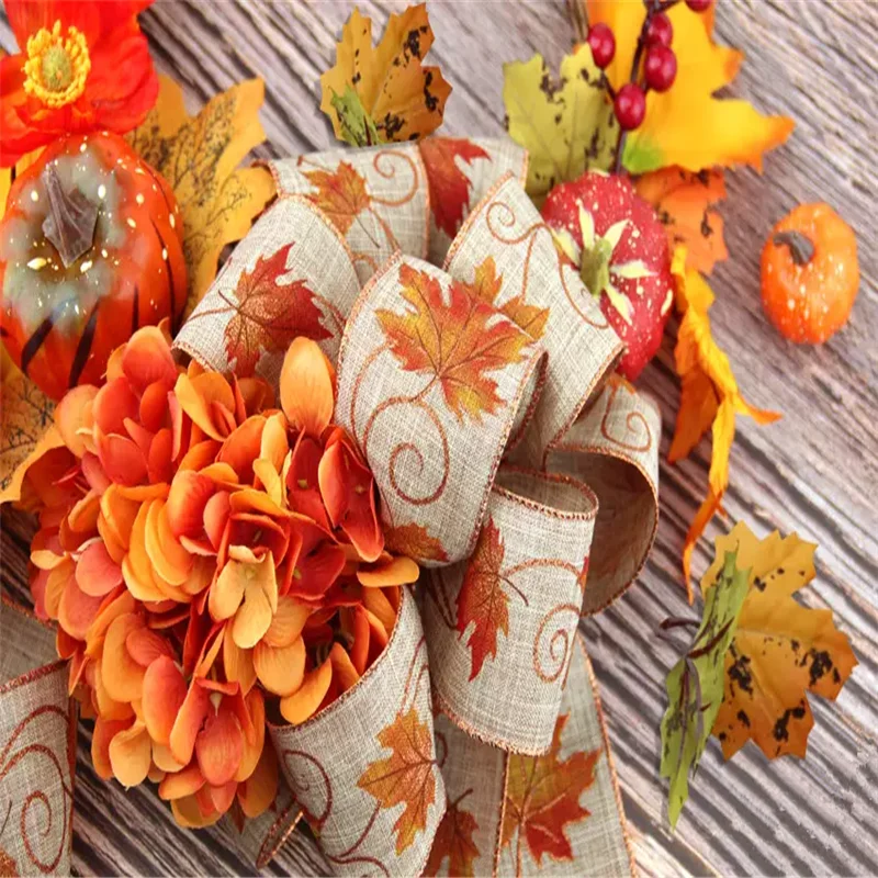 

63MM 25YARDS Wired Edge Decorative Cotton Linen Ribbon With Fall Leaves for Birthday Decoration Chirstmas Gift DIY Wrapping