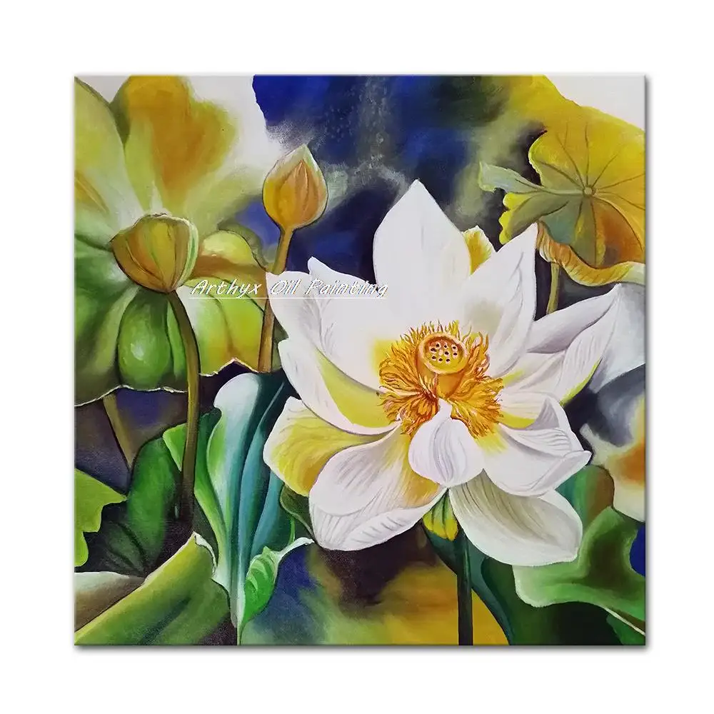 

Arthyx Handpainted Lotus Oil Painting On Canvas,Handmade Flowers Moderen Abstract Art Wall Picture For Living Bedroom Home Decor