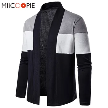 

Plus Size Men Cardigan Knitted Sweater New Scarf Collar Patchwork Contrast Color Mens Sweaters Casual Long Sleeve Sueter Hombre