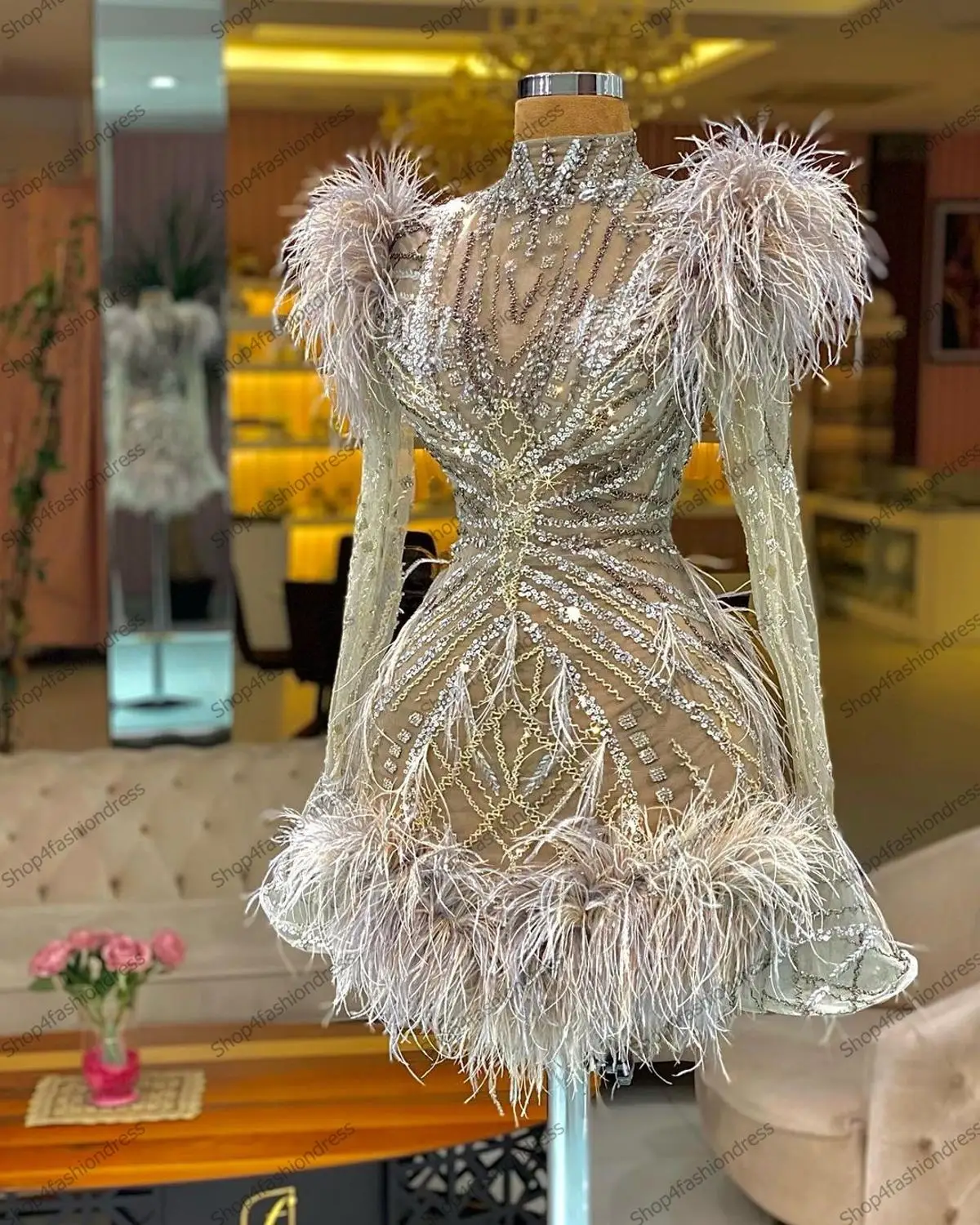 High Quality Luxury Beading Feather Short Cocktail Dresses High Neck See Thru Crystals Homecoming Dress With Long Flare Sleeves