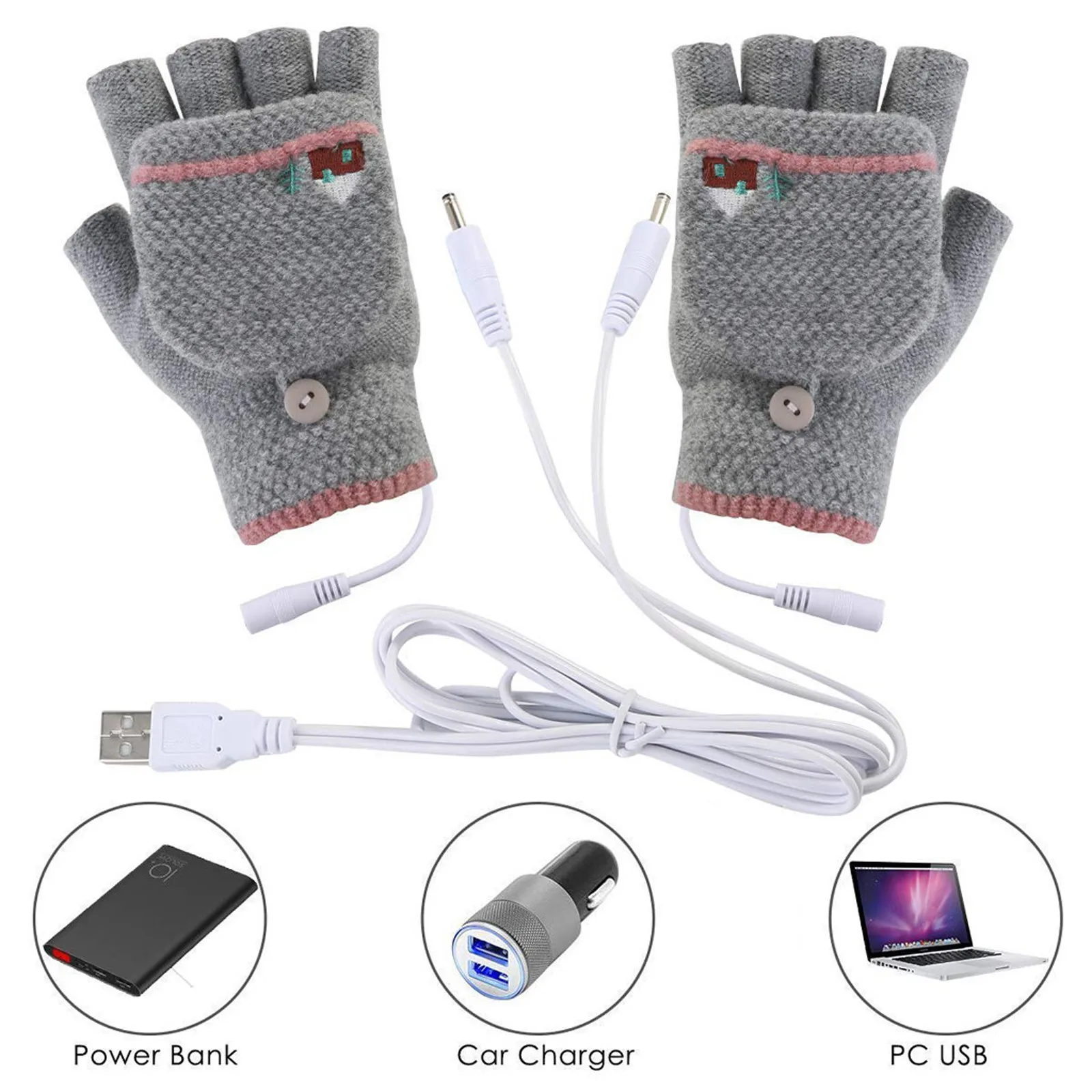 2020 New Laptop Women Men USB Heated Mitten Full&Half Finger Winter Warm Knit Hand Gloves