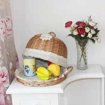 

Hand-woven Wooden Lace Storage Basket Round Food Bread Cake Cover Refreshment Pizza Pastoral Style Picnic Storage Tray