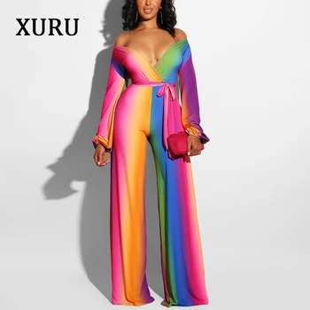 

XURU Autumn And Winter New Sexy V-neck Colorful Printing Casual Loose Jumpsuit Wide Leg Jumpsuit Belt Jumpsuit