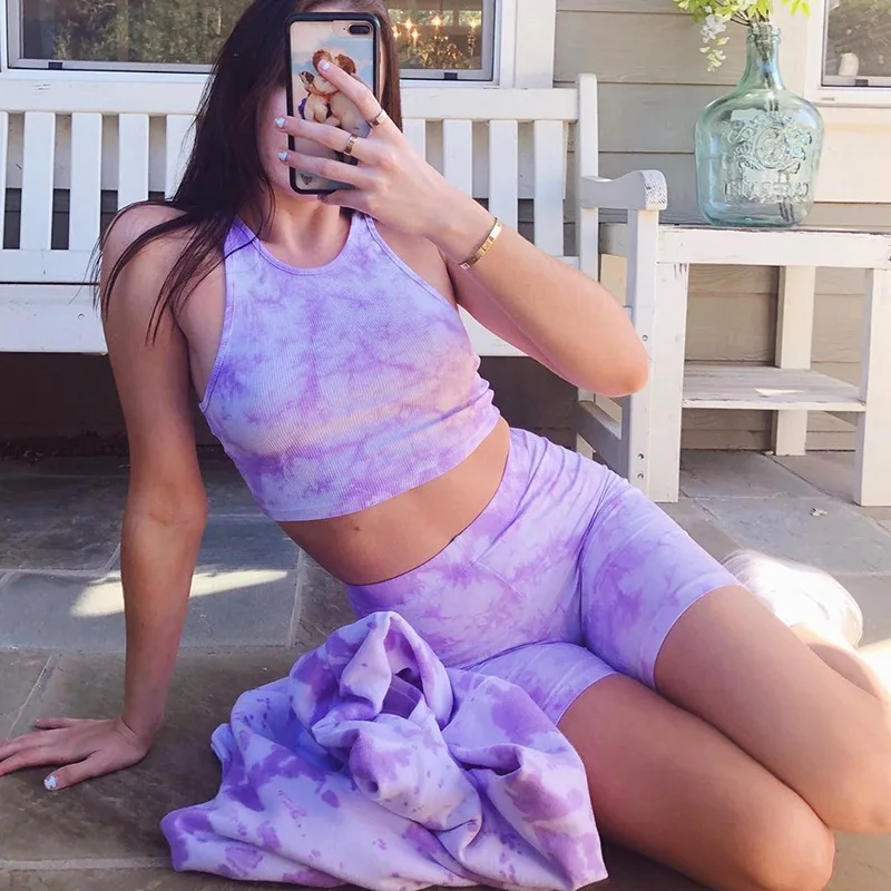 2020 New Women Casual 2 Pieces Suit Summer Fashion Sports Set Dyeing Top Vest & High Waist Shorts Women Tank Tops Shorts
