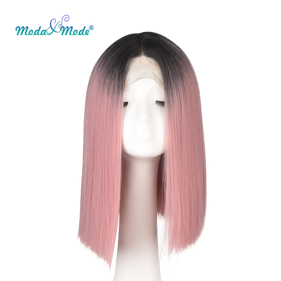 

Moda & Mode hair 12 Short Straight Pink Bob Cosplay Wig Ombre Synthetic Lace Front Wig for black/white women Middle Part