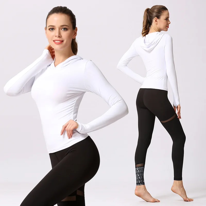 

Europe And America New Style Tailor Network Print Yoga Pants Women's Interdigitated Hooded Quick-Dry Fitness Tops Sports Fitness