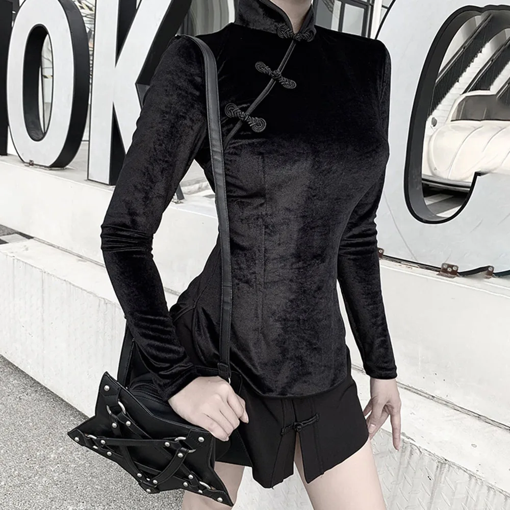 Ruibbit Готический винтажный Топ Cheongsam женский черный облегающий длинный рукав черные футболки уличные вечерние женские топы однотонный черный