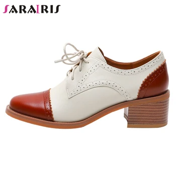

SARAIRIS New Spring mixed-color Genuine Leather Pumps Office lace-up Platform Pumps Women Med Heels Dress Shoes Woman