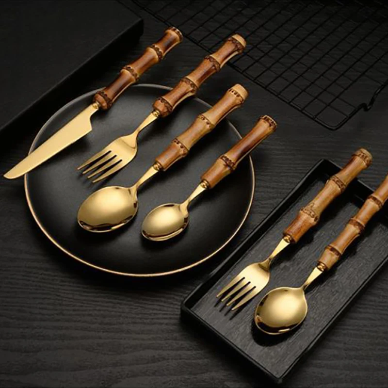 16 24PCS Creative Bamboo Handle Stainless Steel Tableware With Steak Knives Flatware Knives Set Includes Dessert Spoon Forks