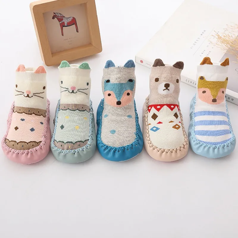 Осень-зима мультфильм носки детские ноги не скользящая кожаная обувь из хлопчатобумажной ткани Детская носки-тапочки Детские носки для новорожденных