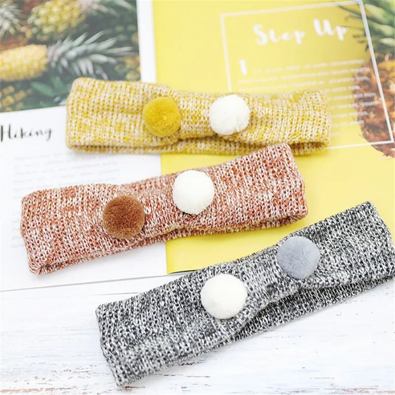 5pcs/lot Newest Fashion Cute White Pom Pom Newborn Soft Hairbands Solid Knitting Wool Headbands Headwear Accessories