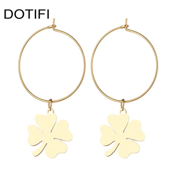

DOTIFI For Women Hot Sale Earrings Lucky Clover Stainless Steel Gold Color Round Ear Hoop Earrings Engagement Jewelry