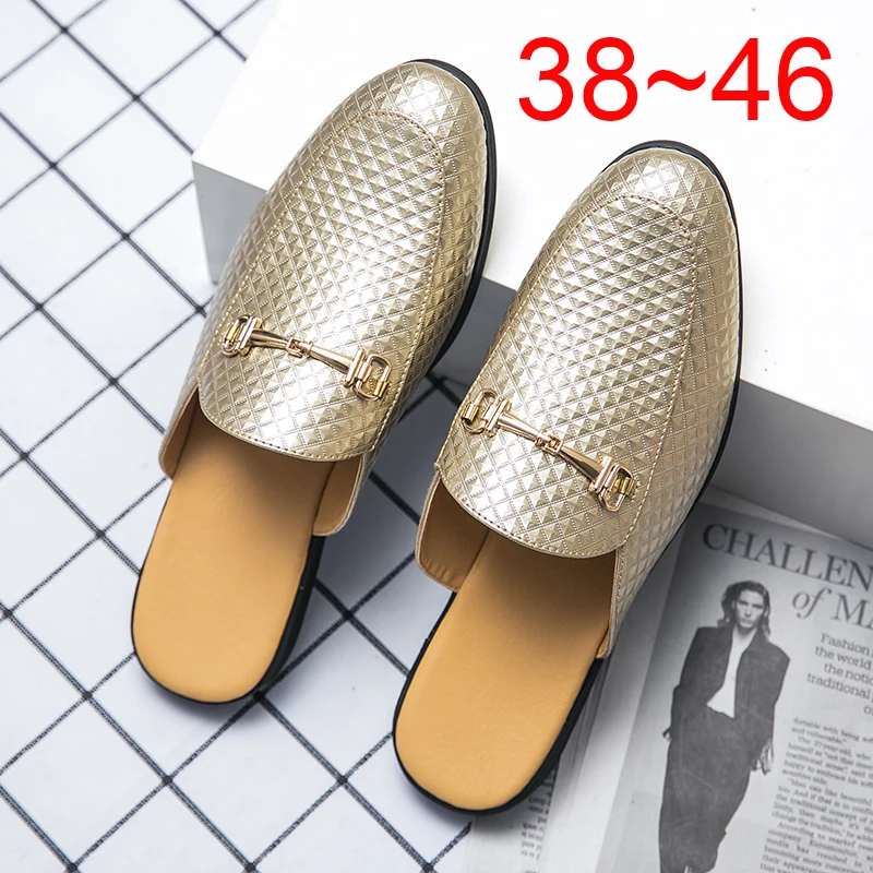 

Genuine Leather Black Half Shoes For Men Shoes Mules Casual Sandals Shoes Fashion Luxury Designer Brand Loafer Gold Black Slides