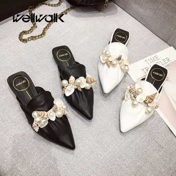 

Flower Decoration Mules Shoes Women Slippers Low Metal Heel Female Fashion Slides Pointed Toe Ladies Spring Summer Shoe Woman