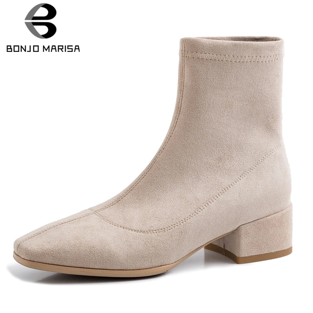 

BONJOMARISA 2019 Brand Design Stretch Boots Woman Shoes Square Toe Chunky Heels INS Hot Ankle Boots Women Shoes Woman