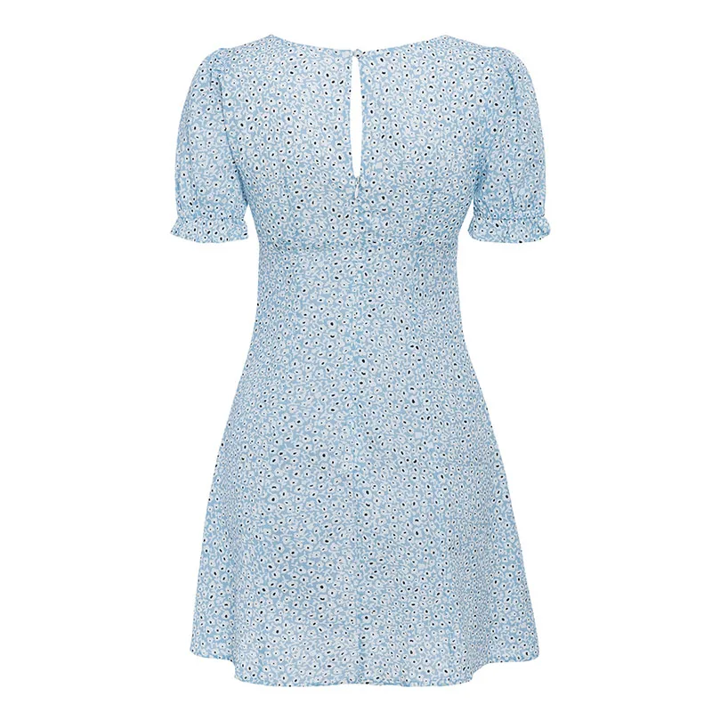 Conmoto повседневное винтажное летнее платье с оборками женские короткие синие женские пляжные платья с квадратным воротником Пышное Платье в цветочек