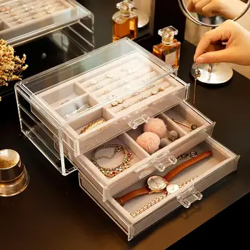 

3 Layers Acrylic Jewelry Storage Box Drawer + 2 Earrings Display Stand Rack Necklace Bracelet Ring Organizer Case Dustproof