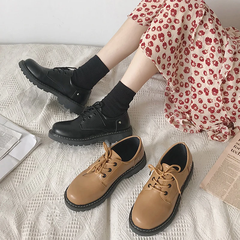 

All-Match Round Toe Casual Woman Platform Shoes 2019 Fashion Women's Autumn Oxfords British Style Modis Retro Fall New Leather