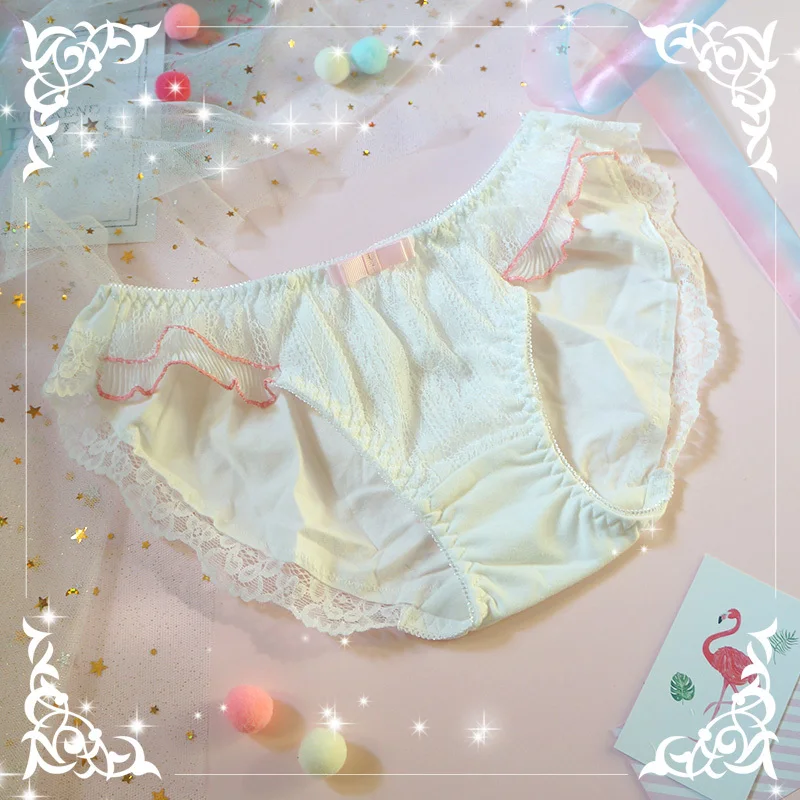 Девушки-подростки японского аниме девушки Kawaii с низкой талией бант с кружевной отделкой мультфильм трусики женские милые Лолита оборками нижнее белье трусы - Цвет: Бежевый