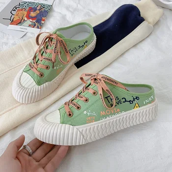 

Women Canvas Shoes Women Casual Flats Mules Graffiti Green Shoes Lace-up Fashion Ladies Spring White Shoes designer Sneakers