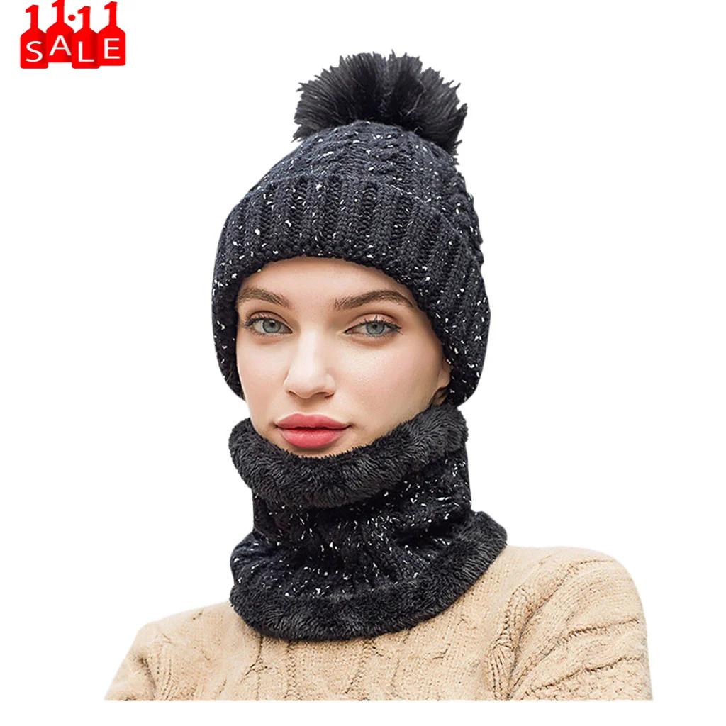 2 шт. однотонная шапочка Fanshion женские зимние шапочки Skully шапка с воротником набор плюс бархатная Толстая вязаная шапка капот femme hiver# ZC