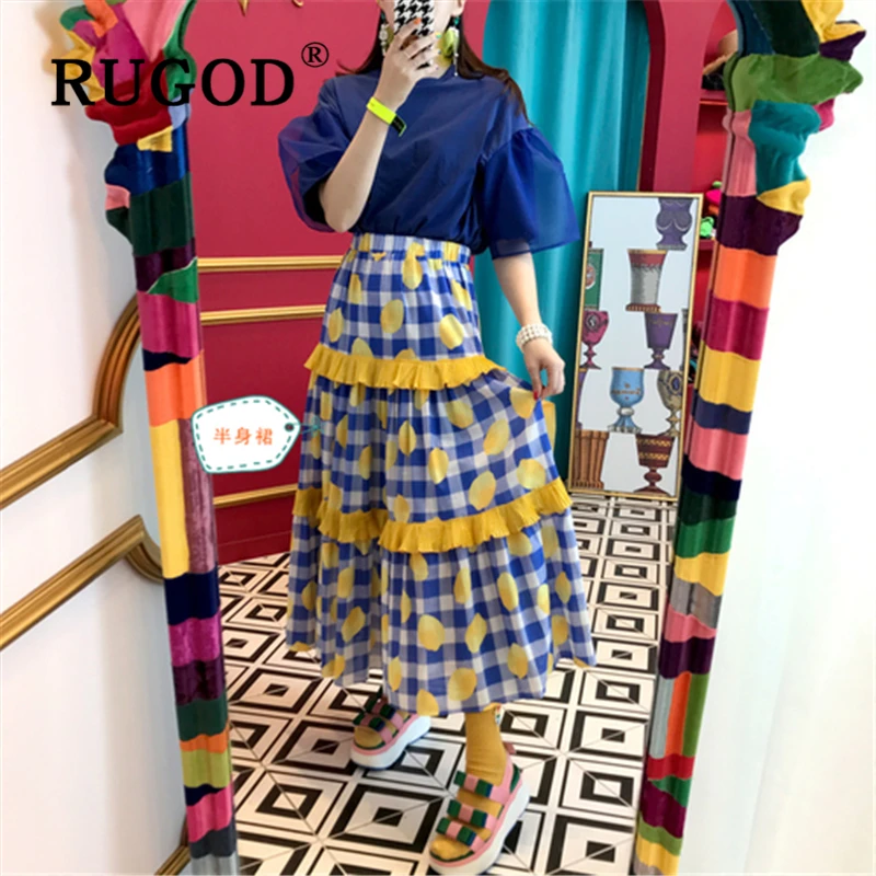 

RUGOD Vitnage dot printed women skirts Fahion ruffles A line maxi summer skirt office ladies wear Elegant loose woman clothes