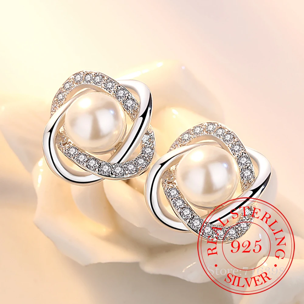 

Upscale 925 Sterling Silver Earrings Zircon Pearl Twist Luxury Stud Earrings For Women brincos pendientes bijoux