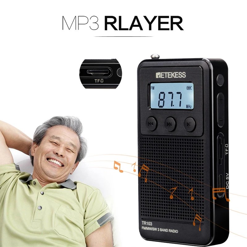 Retekess TR103 3 диапазона FM/MW/SW мини карманный цифровой тюнинговый радио MP3 музыкальный плеер TF карта для подарка с перезаряжаемой батареей