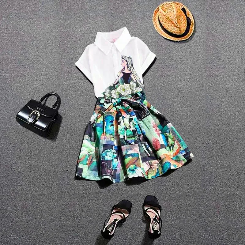

2 Pcs New Women Casual Ladies Cute Print Spring Summer Clothing Set Tunic Blouses Tops And Bows Green Floral Skirt Suits NS981