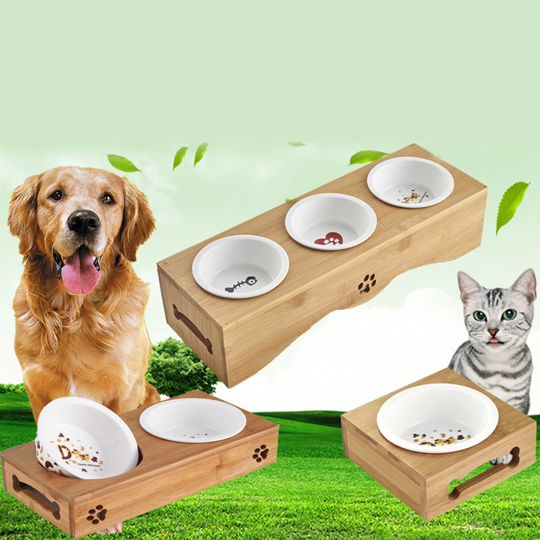 Для кота собаки домашнего животного керамические миски для кормления и питья комбинация с бамбуковой рамкой дерево двойные миски для собак кошек дропшиппинг