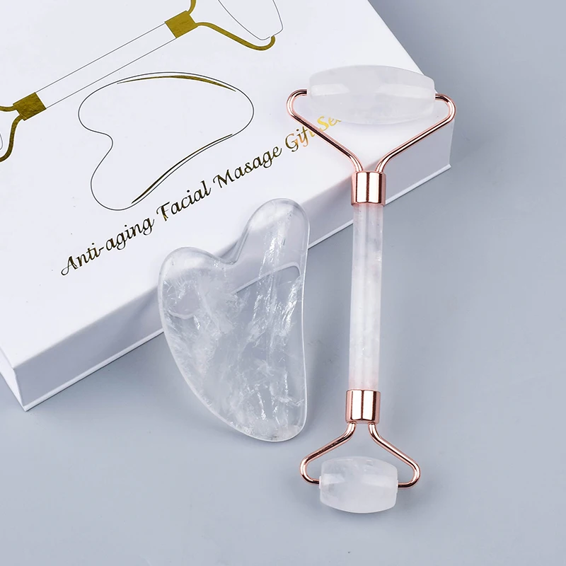 Noise Free 2 In 1 Natural Rock Quartz Crystal Facial Roller Gua Sha Massage Tool For Body Relaxtion Health Care Beauty Gift Set | Красота и