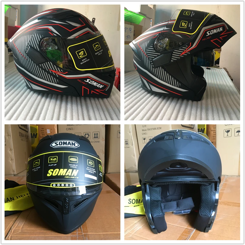 SOMAN Bluetooth Helmet Flip Up Visor Dual Lens Casco Moto Cool Motorcycle Helmet Full Face Casco Black Motorbike Helmets Modular