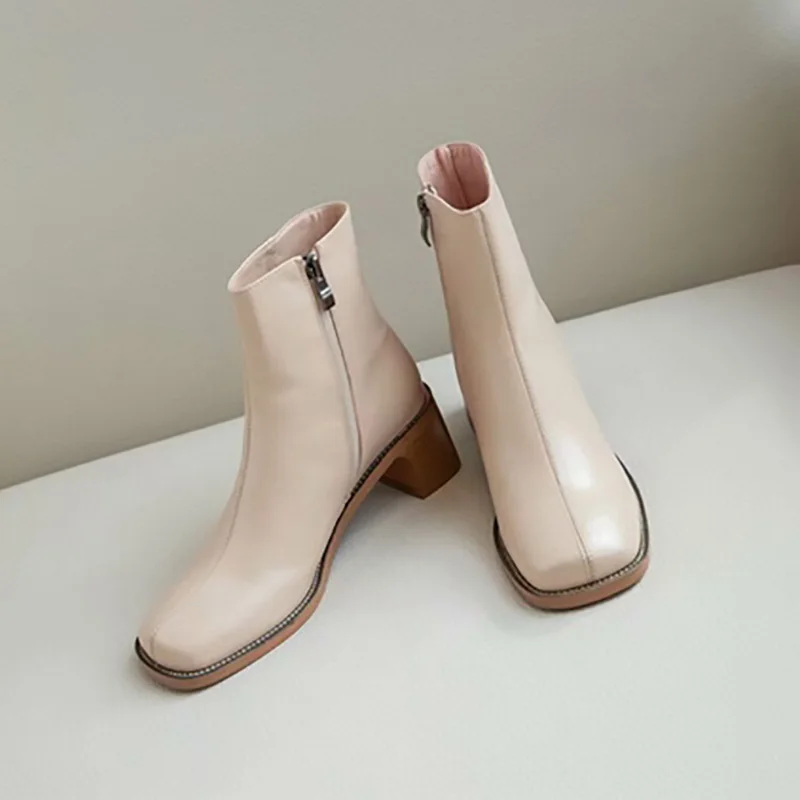 

2019 New Fashion Autumn/Winter Genuine Leather Women Boots Luxury Shoes Women Designers Square Toe Hoof Heels Women Boots