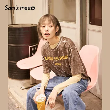 

SAM'S TREE Gray Solid Letter Print Velvet Korean Women T Shirts 2020 Spring White Short Sleeve Casual Ladies Daily Basic Tops