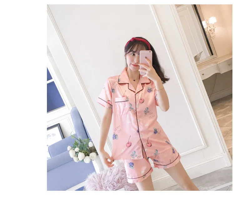 INS Pajamas Women's Summer Short-sleeved Sweet Korean-style Flamingo Summer Women's Imitated Silk Fabric Home Wear Two-Piece Set