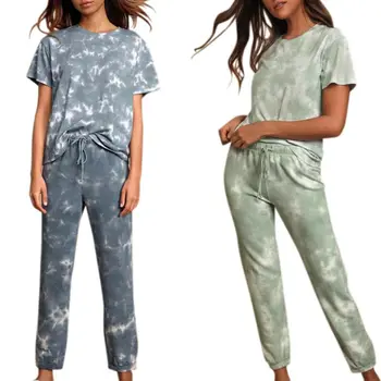 

Womens Summer Tie-dye Sleepwear Lady Short Sleeve Tops and Lace Up Long Pants Home Wear Female's Pajamas