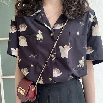 

2020 Summer Women Tops Harajuku Print Short Sleeve Turn-down Collar Vintage Korean Chiffon Shirts Female Streetwear