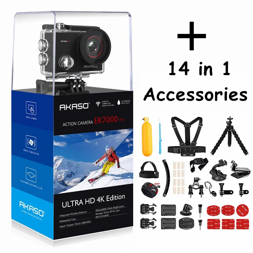 with 14 in 1 AKASO go EK7000 Pro 4K экшн Спортивная камера с сенсорным экраном Спортивная камера EIS регулируемый угол обзора 40 м подводная камера Wifi - Цвет: with 14 in 1