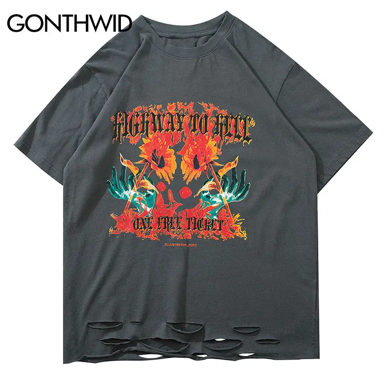 Футболки GONTHWID Highway to Hell Fire Flame Daisy с принтом рук и дырками уличная одежда в стиле