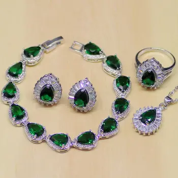 

natural Green Emerald White CZ 925 Sterling Silver Jewelry Sets For Women Earrings/Pendant/Necklace/Rings/Bracelet