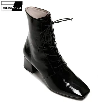 

Fashion Women Square Toe Patent Leather Ankle Boots Block Med Heels High Top Ladies Shoes Lace Up Motorcycle Biker Leather Boots