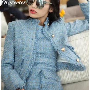 

High Quality Tweed Two piece Set Women 2019 New Fashion Women's Gold Button Blue Tweed Jacket Coat + Sleeveless Tassel Dress Set