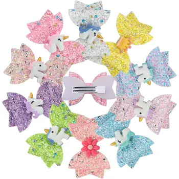 

free shipping 10pcs 3” Cute summer baby girls Unicorn Glitter Hair Bows Clips with flower and crown for Children