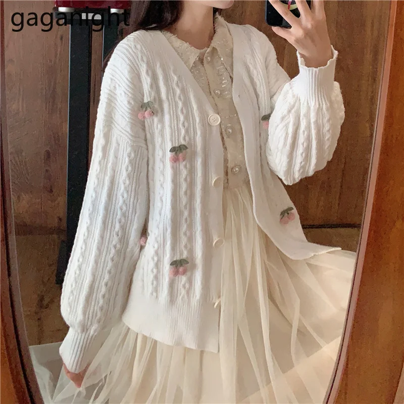 Gaganight Embroidery Women Cardigan Appliques Cherry Sweet Girls Kardigan Solid Spring Autumn Female Cardigans Single Breasted |