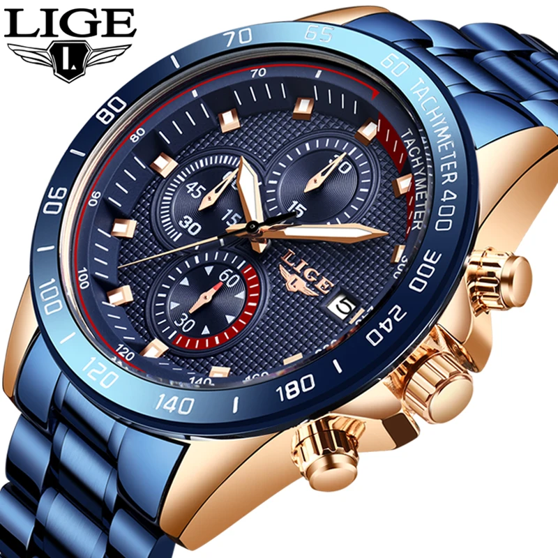 

New LIGE Blue Fashion Mens Watches Top Brand Luxury Business Watch Men Military Sport Quartz Clock chronograph Relojes Hombre