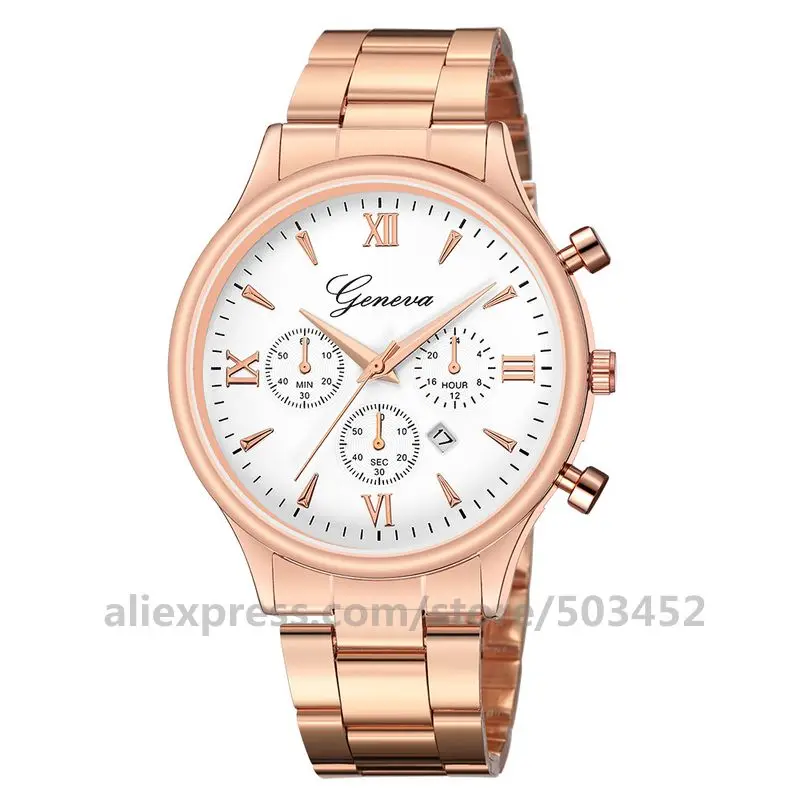 rose gold white 100 шт./лот Новинка Женева 648 часы мужские деловые часы мужские наручные часы унисекс ремень из нержавеющей стали роскошные часы с календарем - Цвет: rose gold white