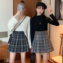Сезон осень-зима; Новинка; в винтажном в клетку тонкая шерстяная плиссированная юбка, молодая девушка, студентка свободные милые, с высокой талией, а-силуэт, юбка Колледж стиль